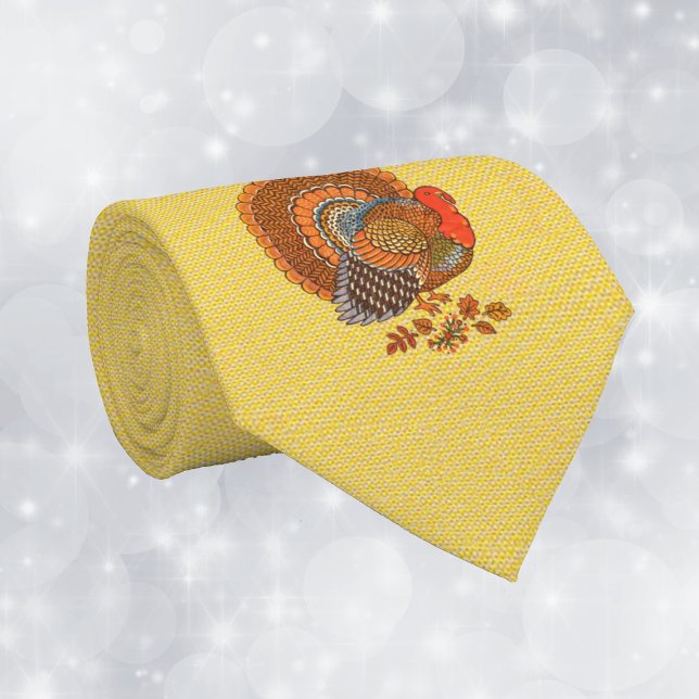 Corbata Pavo Macho Cola Abanicada Hojas Amarillo Dorado (Male turkey fanned tail brown orange feathers in Fall leaves gold yellow Thanksgiving mens necktie.)
