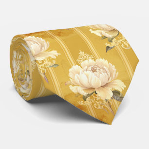 Corbata Peonía de marfil vintage sobre rayas de oro mostaz