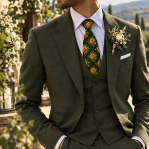 Corbata Peonía de oro de maíz sobre floral verde bosque pr