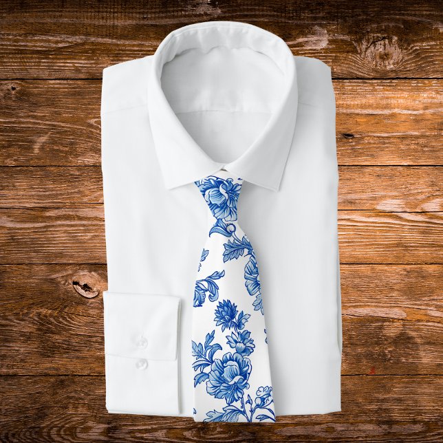 Corbata Peonía de Rosa Chinoiserie Blanca y Azul (Subido por el creador)