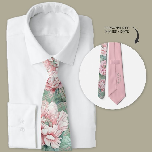 Corbata Peonia rosa y Groomsmen Floral de seda (Personalized pink peony and plaid floral groomsman necktie.)