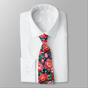 Corbata Peonías Rosadas Rojas y Patrón Azul con Hojas Verd