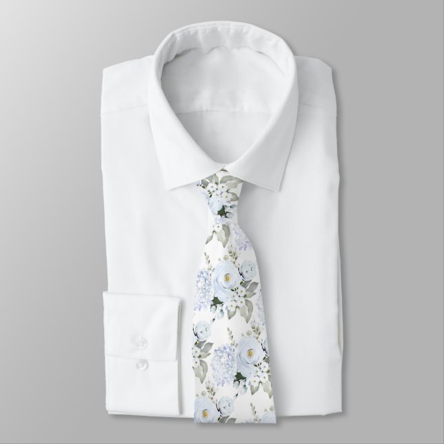Corbata Peonías Rosas Hydrangeas azul polvoriento acuarela (Atado)