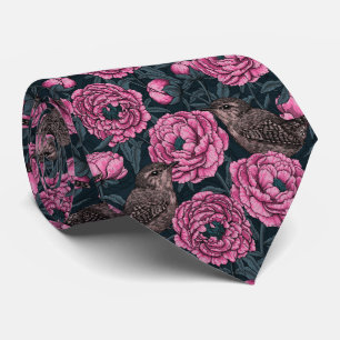 Corbata Peonies y wrenes en gris oscuro