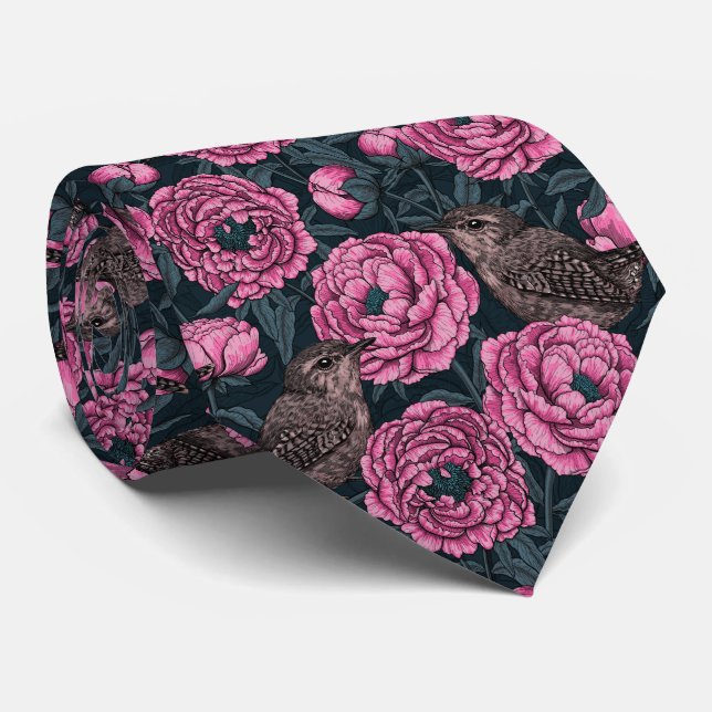 Corbata Peonies y wrenes en gris oscuro (Enrollado)
