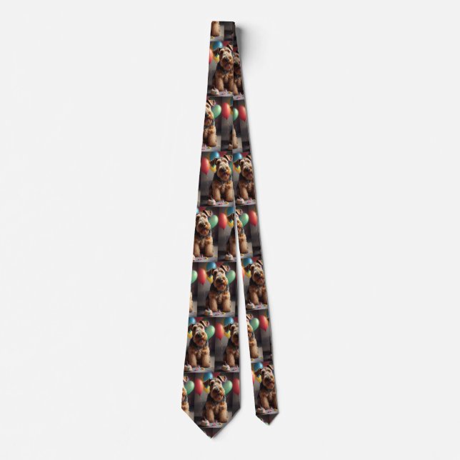 Corbata Perro Airedale con pastel y globos (Anverso)