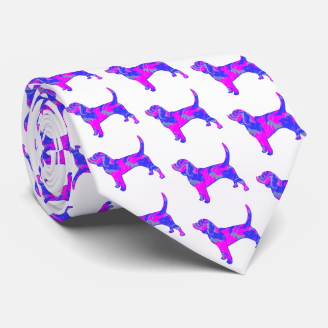Corbata Perro Beagle Hound Pink & Blue Silhouette White (Enrollado)