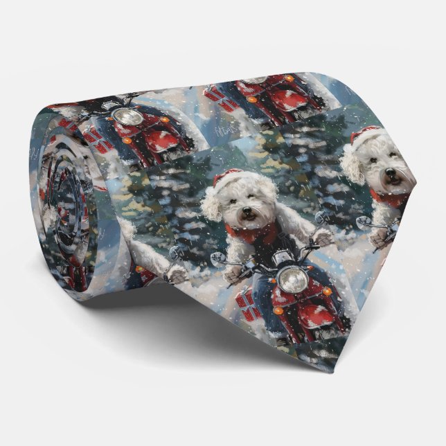 Corbata Perro Bichon Frise montando motocicleta Navidad (Enrollado)