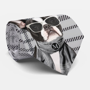 Corbata Perro Boston Terrier de moda y monograma a cuadros