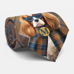 Corbata Perro Cavalier King Charles y Monograma a Cuadros