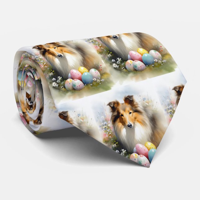 Corbata Perro Collie áspero con huevos de Pascua Fiesta  (Enrollado)