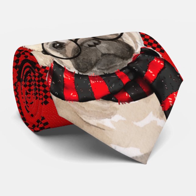 Corbata Perro de pug con Navidades de vacaciones rojos y r (Enrollado)