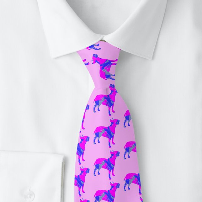 Corbata Perro inglés bull terrier Perro rosa azul silueta  (English Bull Terrier dog pink silhouette tie)