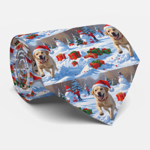 Corbata Perro Labrador corriendo en la nieve con sombrero 