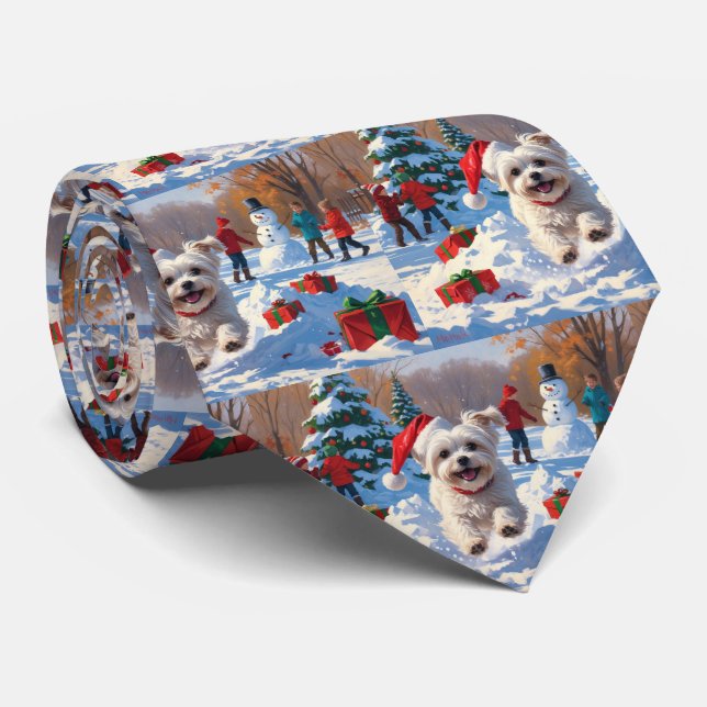 Corbata Perro maltés corre en Nieve con Gorra Navidad (Enrollado)