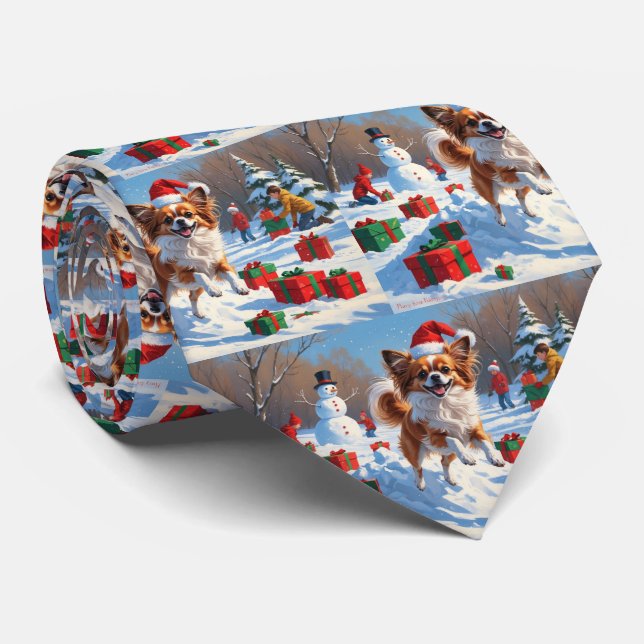 Corbata Perro Papillon corriendo en la nieve con sombrero  (Enrollado)