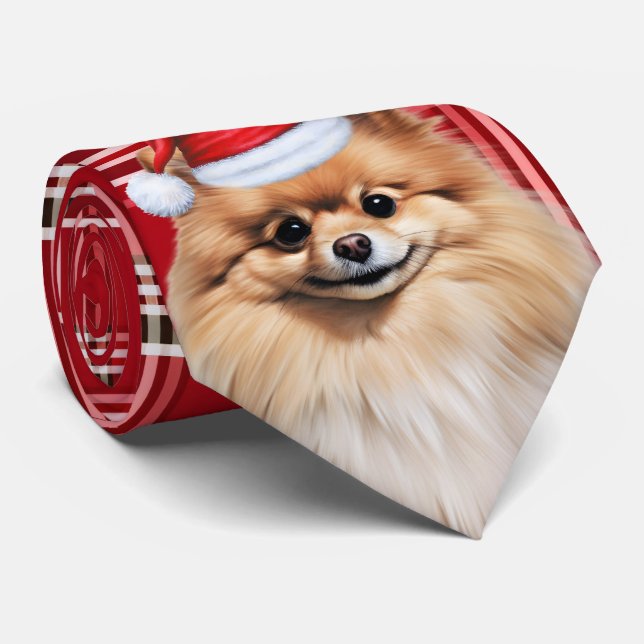 Corbata Perro Pomerania Fiesta de Navidad Cuadro Rojo (Enrollado)