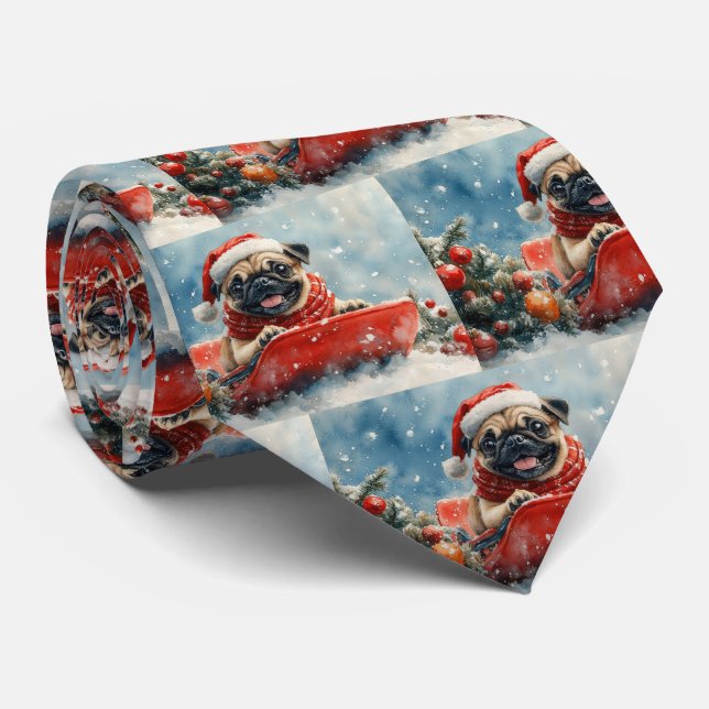 Corbata Perro Pug en Trineo Deja que Nieve Navidad (Enrollado)