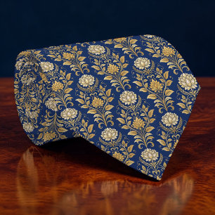 Corbata personalizada de damasco azul y dorado