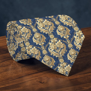 Corbata personalizada de damasco azul y dorado