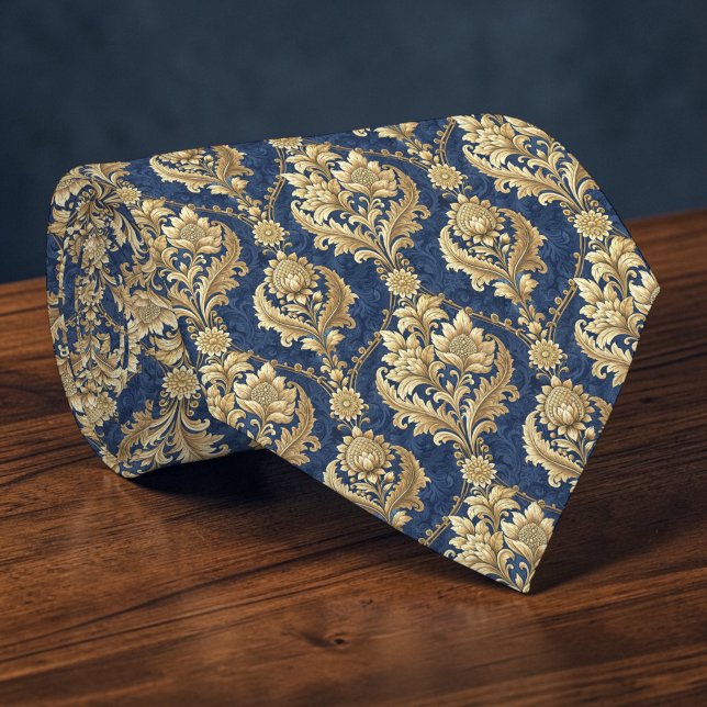 Corbata personalizada de damasco azul y dorado (Subido por el creador)