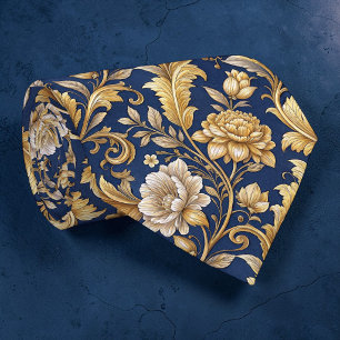 Corbata personalizada de damasco floral azul y dor