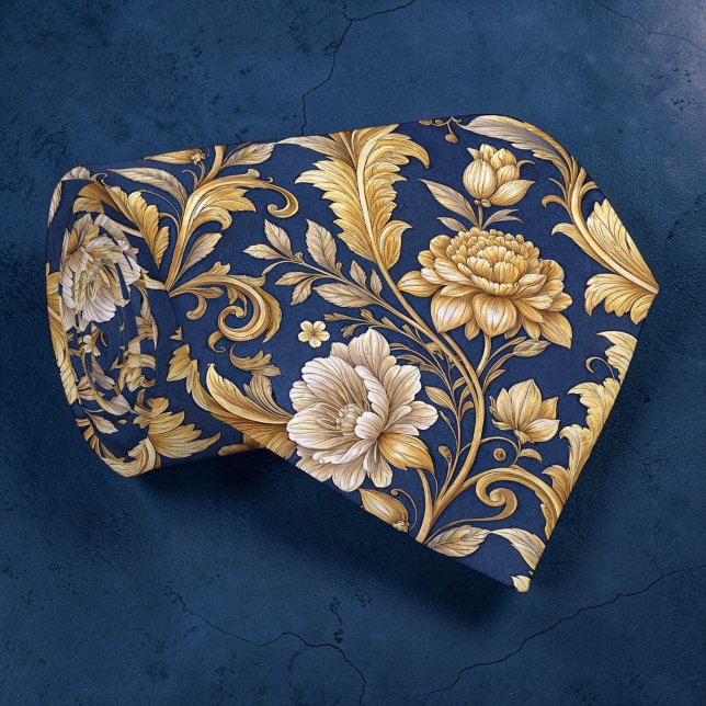 Corbata personalizada de damasco floral azul y dor (Subido por el creador)