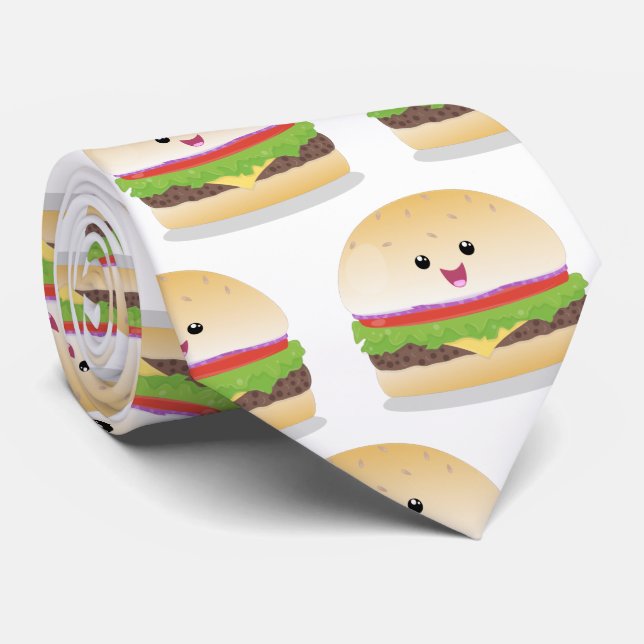 Corbata Personalizado de hamburguesa kawaii feliz (Enrollado)