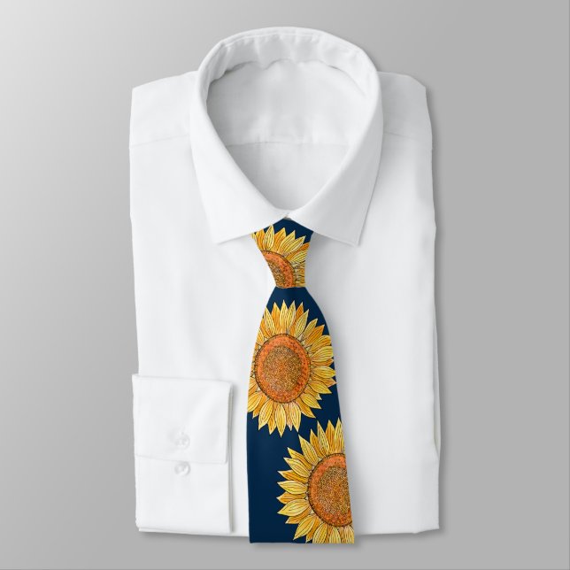 Corbata Personalizado Elegante Flor Art Boho Navy Girasol  (Atado)