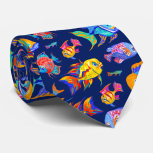 Corbata Pesca tropical divertida en azul oscuro
