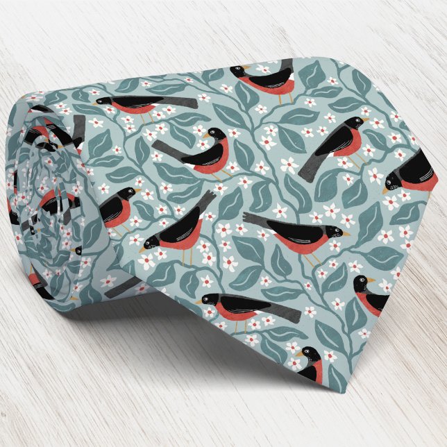 Corbata Petirrojo Americano Flor de Manzano Pájaro Flor (American Robin redbreast Apple Blossom branches Michigan state bird flower pattern heritage neck tie)