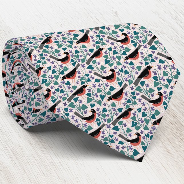 Corbata Petirrojo Americano Violeta Anemone Pájaro Flor (American robin redbreast wild wood violet Wisconsin state bird flower heritage inspired neck tie)