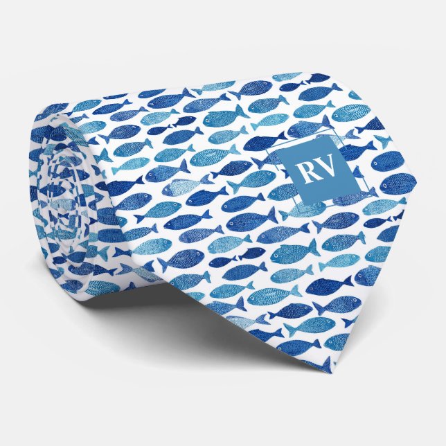 Corbata Pez Escuela Náutico Monogramado Azul (Enrollado)