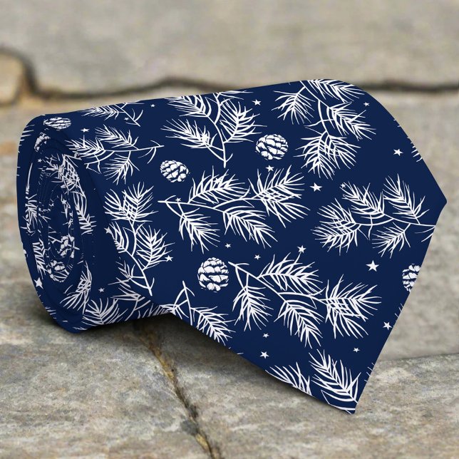 Corbata Pinecone Branch Snow Navy Pattern Christmas (Subido por el creador)
