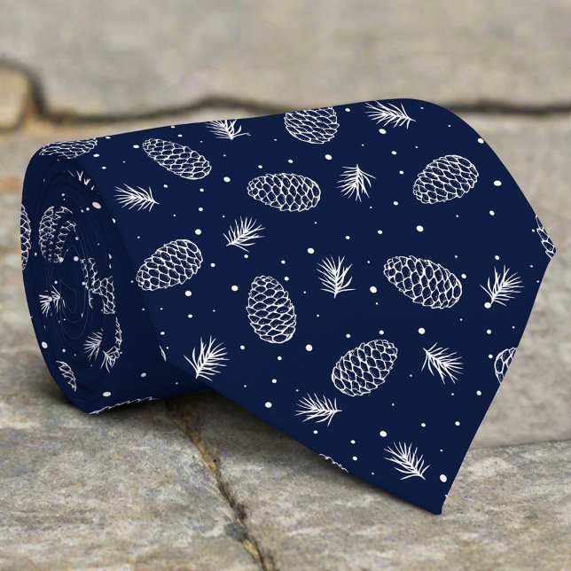 Corbata Pinecone Branch Snow Navy Pattern Christmas (Subido por el creador)