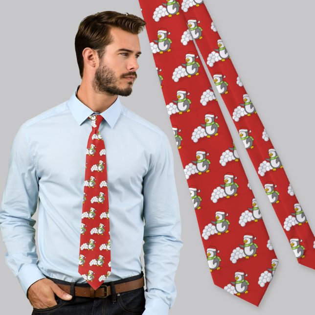 Corbata pingüino de Navidad con bolas de nieve saludando (Subido por el creador)