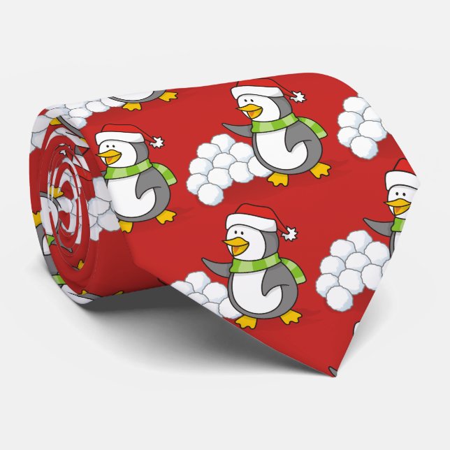 Corbata Pingüino navidad con bolas de nieve ondeando (Enrollado)