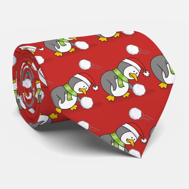 Corbata Pingüino navidad recibiendo bola de nieve (Enrollado)