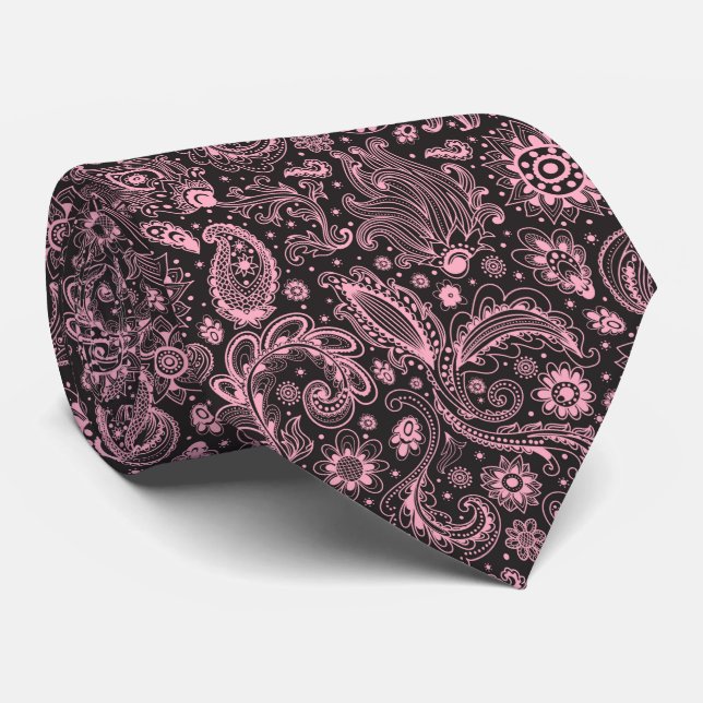 Corbata Pink black batik boho style floral paisley pattern (Enrollado)