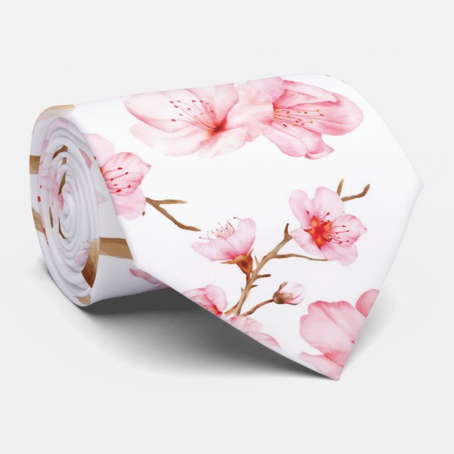 Corbata Pink White Watercolor Cherry Blossoms (Enrollado)