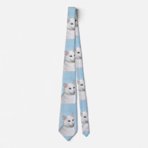 Corbata Pintura de gato blanco - Arte de gato original lin