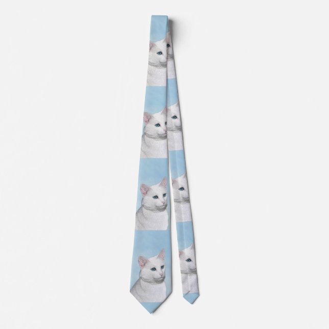 Corbata Pintura de gato blanco - Arte de gato original lin (Anverso)