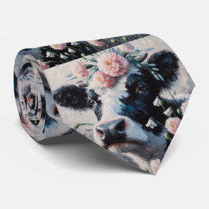Corbata Pintura de granja de la vaca Holstein en las flore