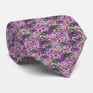 Corbata Pinzones Morados Pájaros y Lilas sobre Blanco