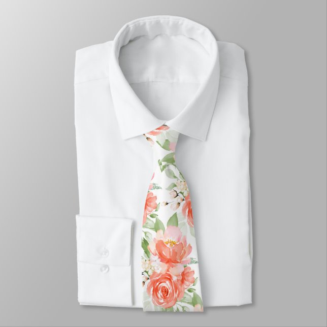 Corbata PixDezine H2 Flores Coral Naranja Jade Verde (Atado)