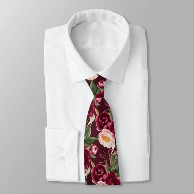 Corbata PixDezine H2 Flores Peonías Borgoña Rubor (Atado)