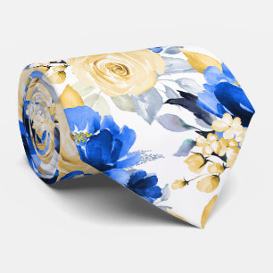 Corbata PixDezine H2 Flores Rosas Azul Cerúleo Dorado