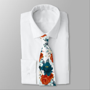 Corbata PixDezine H2 Flores Verde azulado y Naranja Oxidad