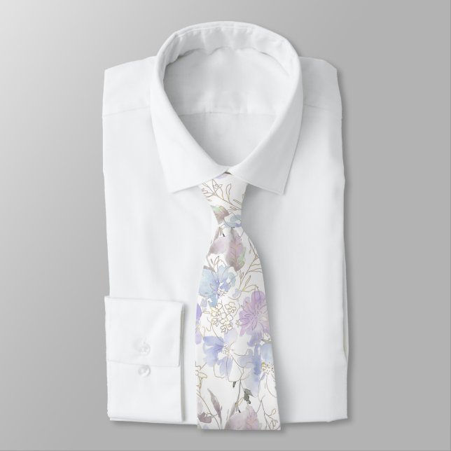 Corbata PixDezines Acuarela Sweetpeas Azul Polvo Púrpura (Atado)