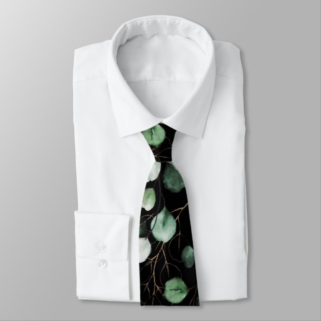Corbata PixDezines Acuarela Verde Eucalipto Dorado Cuello (Atado)
